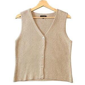 1.STATE Ribbed Knit Sweater Vest Women L Beige New w/o Tags V-Neck Button Front